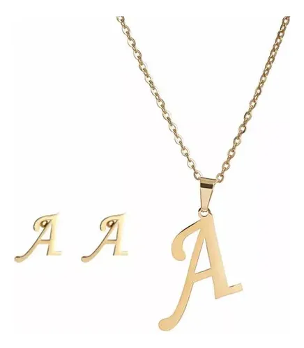 comprar Collar Dije Y Aretes Letra Inicial Dorada Dama Regalo Acero.