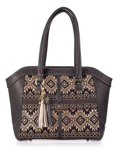 Bolso De Piel Artesanal Angelozano Maya Reboso Negro Acabado de los herrajes Oro Diseño de la tela Maya Rebozo