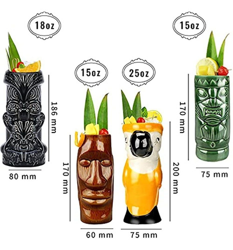 Tiki Mugs Cocktail Set Of 4 - Tumblers Ceramic Hawaiian Luau