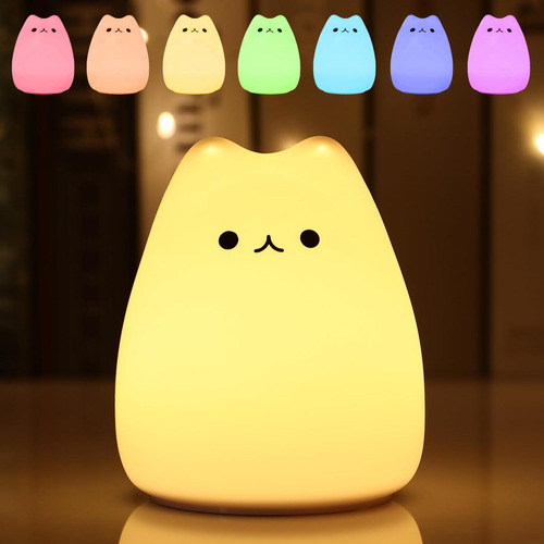 Luz Nocturna Gato Silicona 7 Colours Para Bebé Niño Regalos