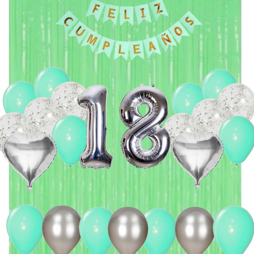 Combo Deco Globos Verde Agua Y Plata +2cortina+numeros 70cm