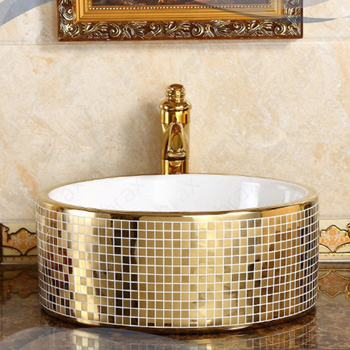 Cuba Banheiro Lavabo Em Louça Dourada Sobrepor Redonda