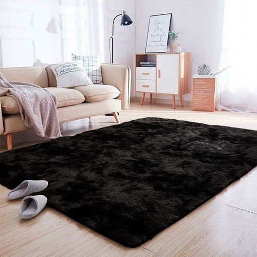 Alfombra Costa Oro Furry para sala de estar y dormitorio, 140 x 100 cm, color peludo, color negro, diseño de tela