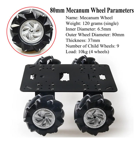 Chasis Profesional 80 Mm Mecanum 4wd Para Arduino Y Raspberr