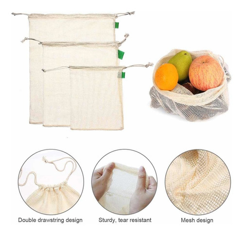 Mallas Para Frutas Ecológicas De Algodón Lavables Pack 3pcs