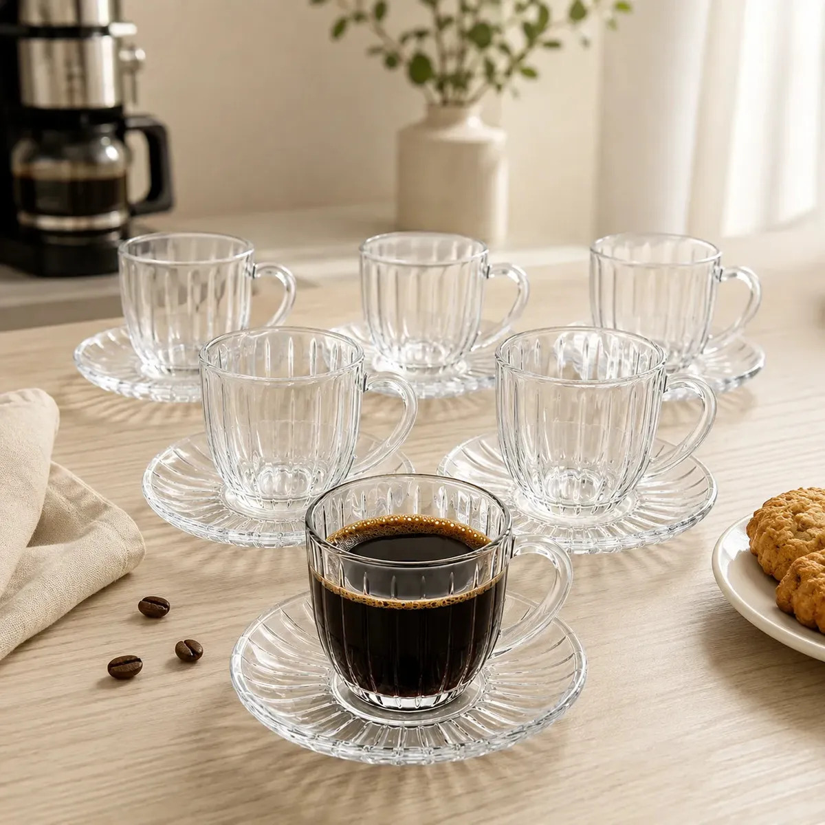 Jogo 6 Xícaras De Vidro Canelado Com Pires Cha e Café Espresso 100ml 12 peças