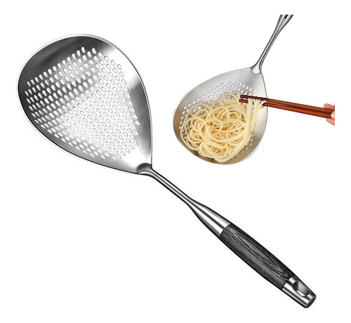Cuchara Ranurada Colador De Metal Con Gancho Mango De Madera