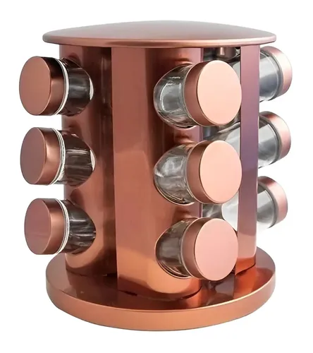 Porta Condimentos Giratório Inox Kit Girl 12 Potes Vidro Rose Gol...