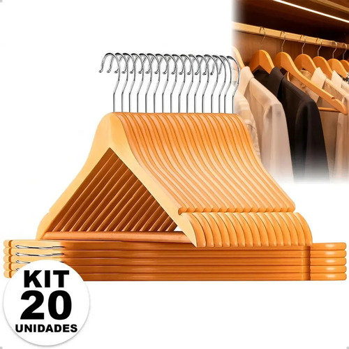 Vittak Kit 20 Cabides Madeira Marfim Adulto Organizador Roupa Premium