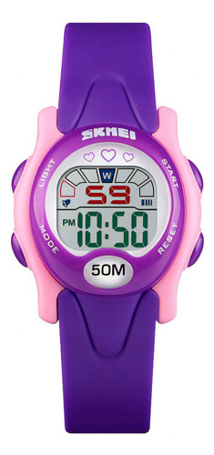 Reloj Niños Niñas Skmei 1478 Digital Alarma Cronometro Color De La Malla Morado/rosado Color Del Fondo Blanco
