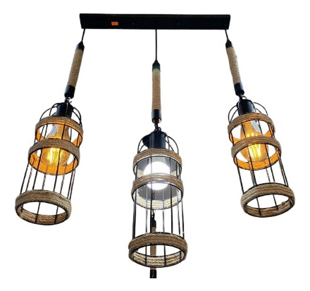 Lampara Colgante De Madera Y Metal Triple Tipo Jaula 3 Focos