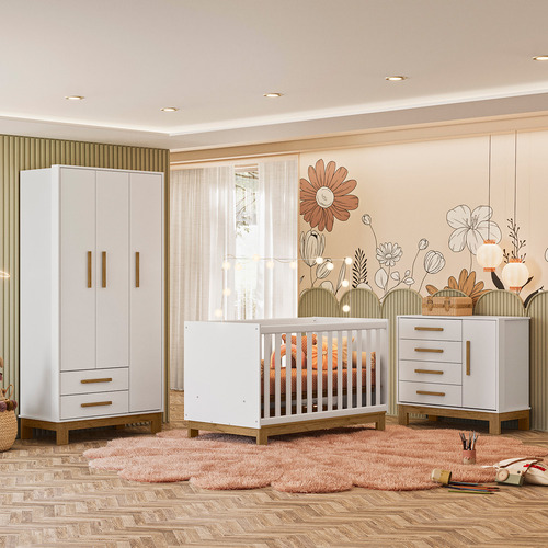 Conjunto Para Quarto Bebê Slim Berço Com Colchão, Cômoda Guarda Roupa Cor Branco