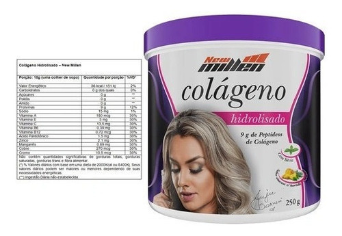 Colágeno Hidrolisado Em Pó 250g - New Millen - Sabores Sabor Abacaxi Com Hortel