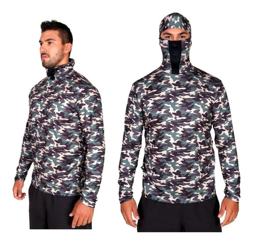 Camisa De Pesca Proteção Uv50+ Touca Ninja Camuflado Florest