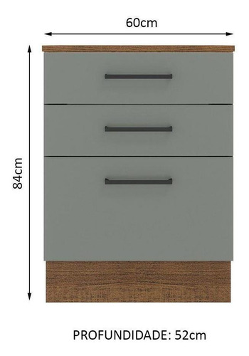Balcão Madesa Agata 60 Cm 3 Gavetas - Rustic/cinza