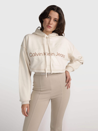 Sudadera Beige Corta Con Monograma Calvin Klein Para Mujer