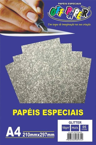 Papel Glitter A4 180g/m² 5 Folhas Prata Off Paper