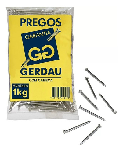 Prego Gerdau Com Cabeca 22x42 Peso: 1 Kg Ref:117000157 Comprimento 9.66 cm Diâmetro nominal 5.4 mm