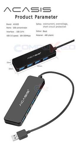 Imagen 3 de 5 de Mini Hub Usb 3.0 De 4 Puertos Acasis Negro Para Pc O Laptop