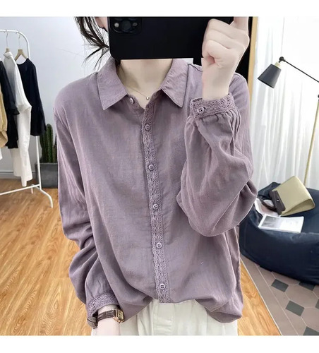Camisa De Manga Larga Con Encaje Y Algodón Para Mujer