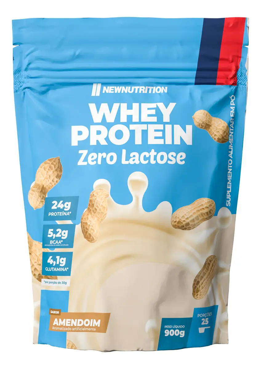 Whey Protein Concentrado Zero Lactose (0%) Newnutrition Sabor Amendoim Suplemento em Pó Proteína Sachê 900g