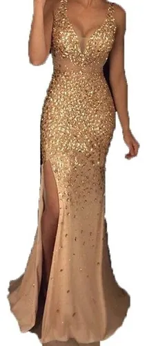 Vestido dorado largo para boda outlet
