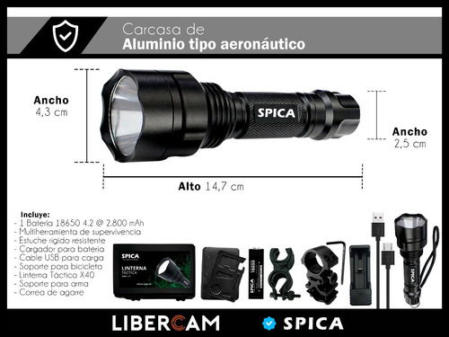 Imagen 2 de 6 de Linterna Tactica Led Militar Spica X40 Bateria Recargable