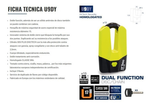 Imagen 2 de 7 de Tranca De Disco, Candado Para Moto U9dy Urban Europeo