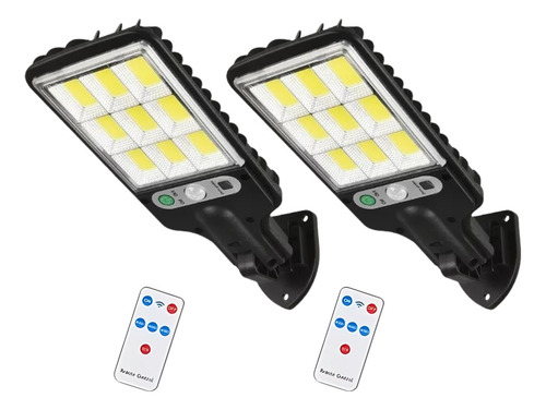 Kit 2 Luminária Solar Poste Parede Refletor 108 Cob Controle Estrutura Preto 3.7