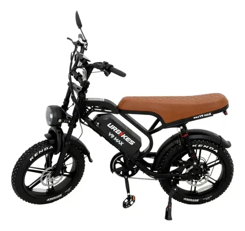 Bicicleta elétrica Urbikes V9 Max preta com assento marrom e pneus Kenda em fundo branco