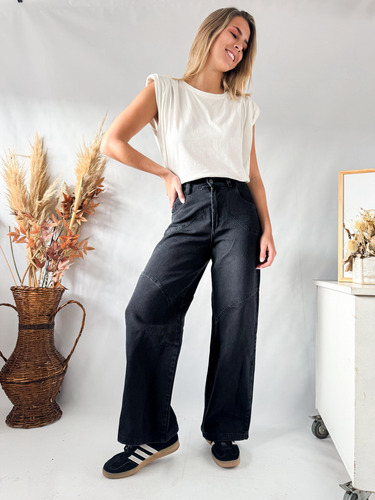 Pantalon Lulyna T/jean Mujer Wide Leg C/elastico En Cintura