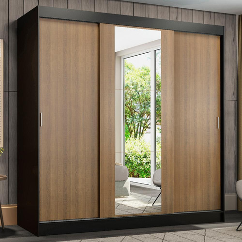 Guarda-roupa Casal Madesa Reno 3 Portas Correr Espelho Pru Cor Preto/Rustic 1095H91E