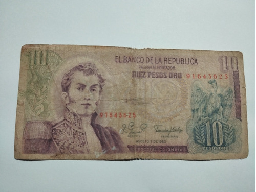 Billete De Diez Pesos De Oro De Colombia De1980