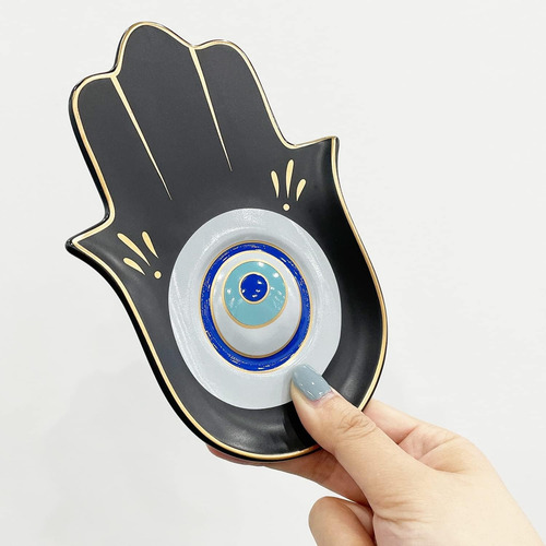 Soporte De Incienso De Mano Hamsa De Cerámica Color Negro Ojo Estilo