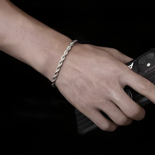 Pulseira Tipo Corda Trançada Prata Aço Inox - Unissex