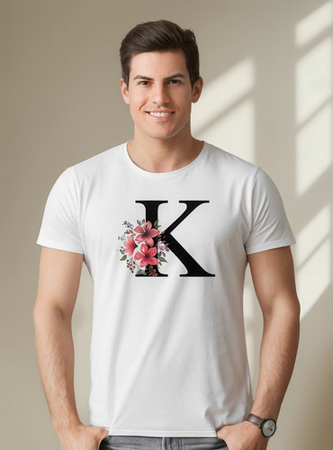 Camiseta Letra K Alfabeto Flores Floral