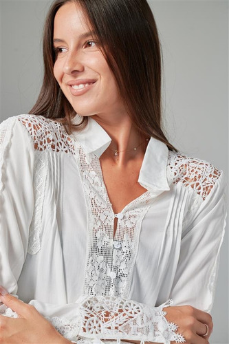 Camisa Premium Zanett Broderie Con Encaje Guk61 White