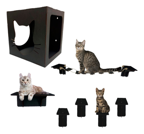 Kit Playground Gatos Mdf 7 Pcs Preto|black Completo Promoção