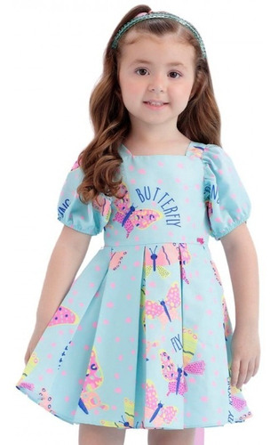 Vestido Infantil Azul Borboleta Mon Sucré Print Fly 21034