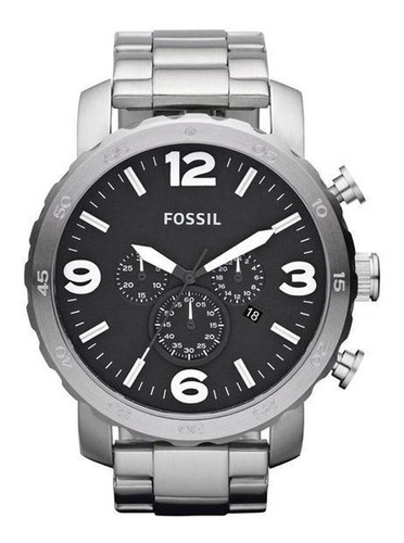 Reloj Fossil Analog Nate para hombre, JR1353/1pn, correa plateada, color bisel plateado, color de fondo plateado, color negro