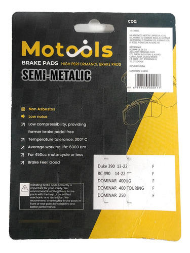 Balatas Fa606 Delanteras Motools Dominar, Bmw, Rc390, Duke