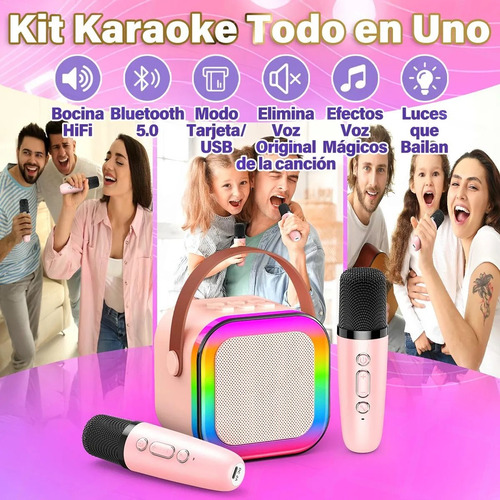 Mini Karaoke Con 2 Micrófonos, Bocina Bluetooth Y Luces Led Rosa
