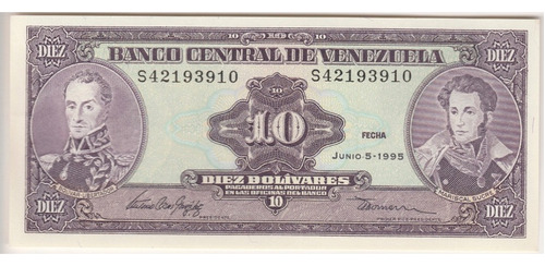 Billete Venezuela 10 Bs Junio 1995 S8 Unc