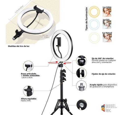 Imagen 4 de 6 de Aro De Luz Led 26 Cm Con Trípode 2 Metros