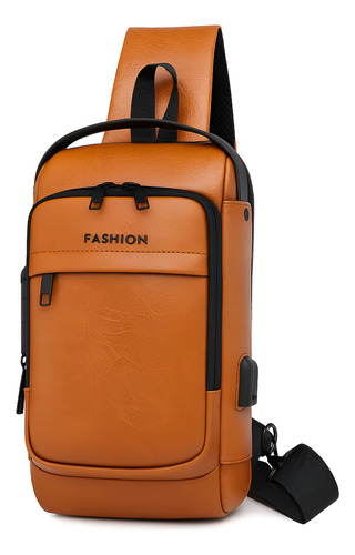 Mochila Pechera Cruzada Antirrobo + Impermeable + Usb Marrón Claro Eco Cuero