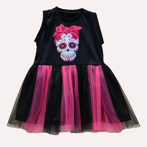 Vestido Disfraz Catrina Niña Negro/ Fucsia T. 4 Al 10