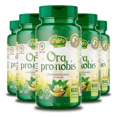 Kit 5 Ora Pro-nóbis Pereskia Aculeata Unilife 60 Cápsulas Sabor Sem sabor