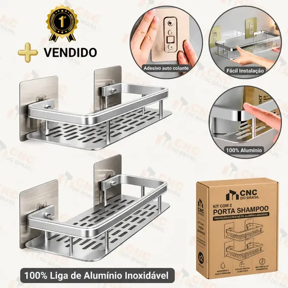 Kit 2 Suporte Porta Shampoo Alumínio Sabonete Banheiro Adesivo Parede Sem Furos Box Luxo Cor Prata CNC DO BRASIL