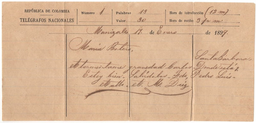 Telegrama Antiguo De 1899 Telégrafos Nacionales