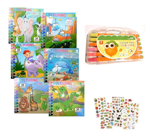 Set 6 Libros Niños Para Colorear + 24 Lápices + 300 Stickers